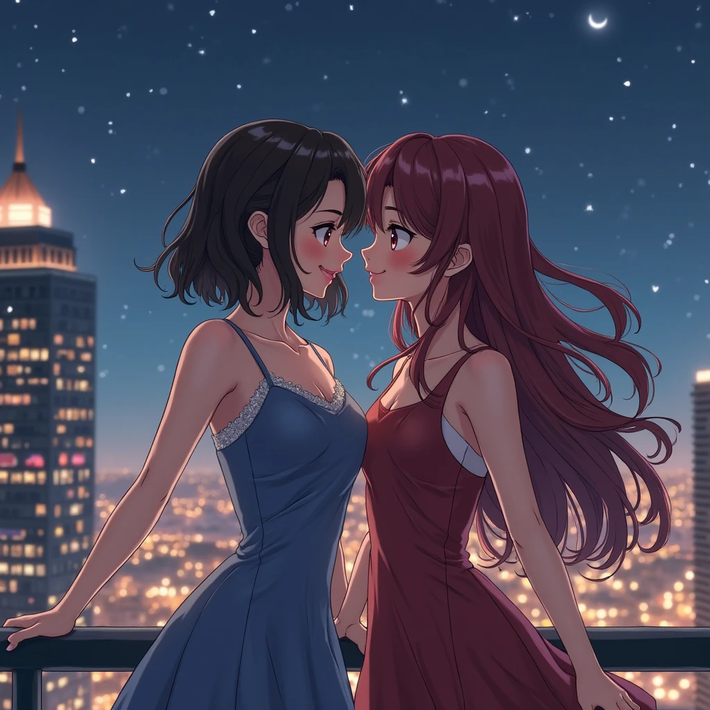 Woman with wavy black hair and black dress, sideways to a woman with black hair tied up and a red dress, while both are on a balcony overlooking the city