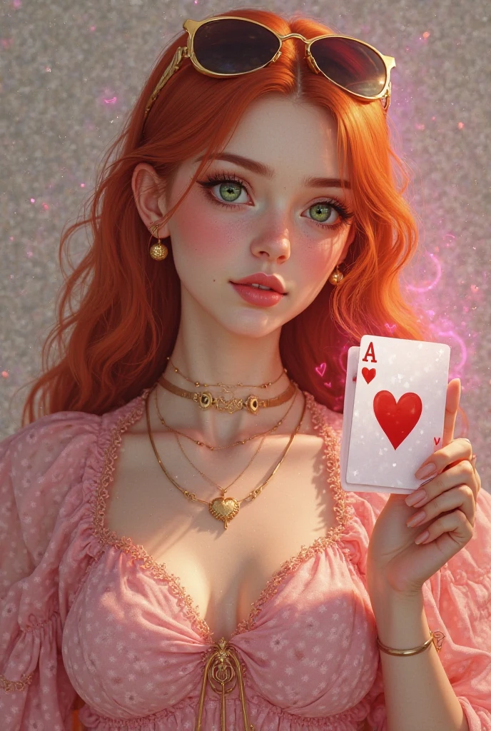 {-erro_de_anatomia:1.0} masterpiece, highest quality, (perfect face:1.1, (high detail)1.1, Em um luxuoso cassino, A stunning woman wears an exquisite dress adorned with heart symbols, embodying the royal presence of the Queen of Hearts. Surrounded by a backdrop of poker cards and chips, She exudes confidence and seduction, convidando os jogadores a testar sua sorte e habilidades no jogo de azar. short curly hair, cabelos vermelhos (red hair ) (queen of hearts), sorrindo, sorriso largo, upper body