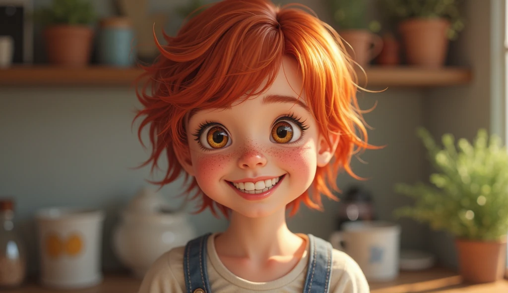 A girl, short red hair, cups, freckles, overalls, smiling, red-haired girl with short hair, rosto com freckles,, cheerful and smiling expression, em um cenário interior com cups, natural light, welcoming environment, high quality photograph, 4K, HDR, ultra-detailed, bright colors, realistic portrait