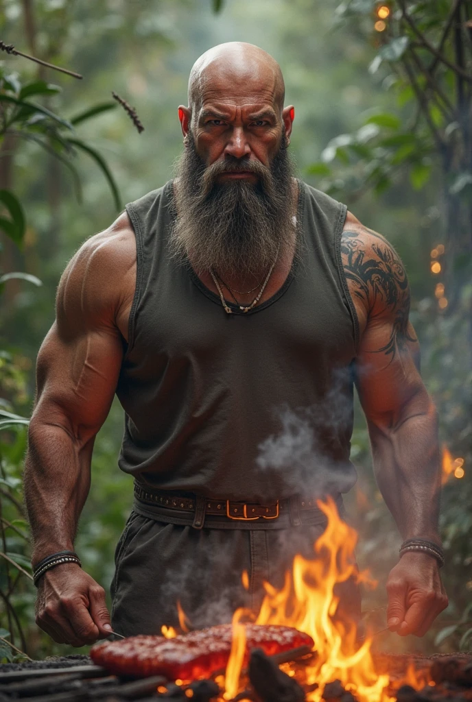 guttoepic2, Create a magazine cover illustration of a bespectacled man wearing the attire of the character 'HE-MAN' from the animated series. He poses for the photograph while holding his sword. The scene is set with the Castle Grayskull in the background, and there's significant depth of field. Generate a prompt for an ultra-realistic image with extreme character details.