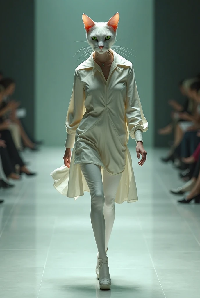 Sustainable Fashion Eco-friendly fashion made with renewable energy。Elegant outfits made from biodegradable materials and plant-based fabrics。High fashion items made from recycled materials。The background is the Paris Fashion Week runway。
