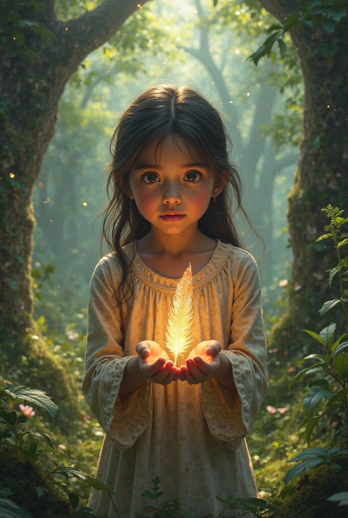 "A young girl traveling far from the forest, but with a thoughtful look as she gazes at a small, glowing image of the Spirit Forest in her hand."Hyper-realistic, 8k,ultra HD, pixar style, Disney style, cinima 4d, ar 3:2