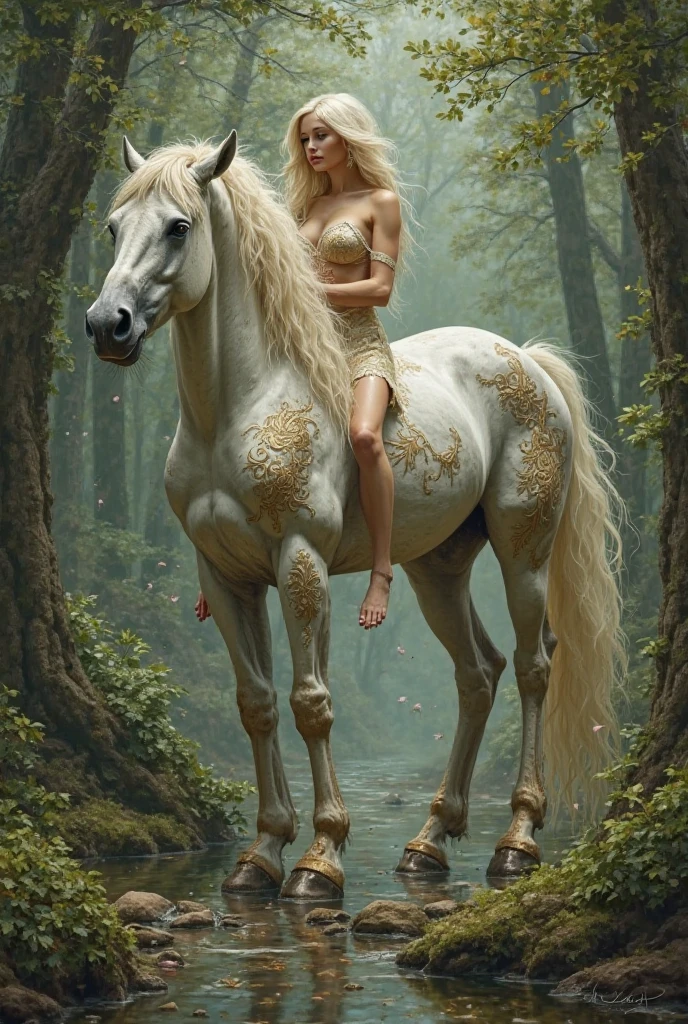on the beach, full body, naked, naked woman lie on ground, man riding white horse white looking back, white feather cloak, shield, bow, sword, female greek god, white hair, masculine, mature, naked, hairy torso, fantasy, intricate, elegant, highly detailed, digital painting, artstation, concept art, smooth, sharp focus, illustration, art by gaston bussiere and alphonse mucha, almost naked