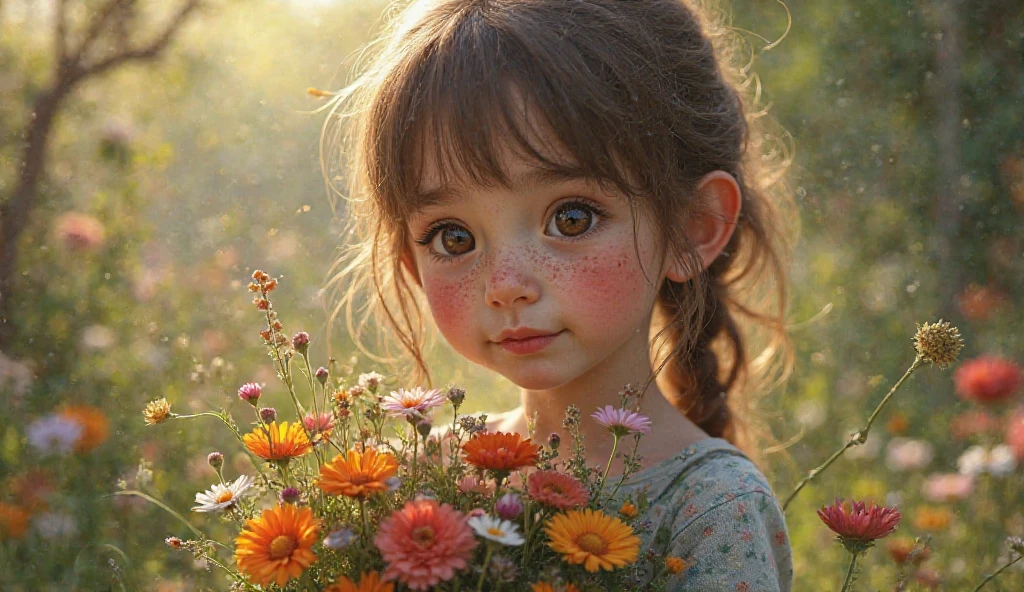 (pixarstyle: 1.25) portrait of a little girl, Natalie Portman, smiles, waist length with flower basket overgrown with poppy flower, natural skin texture, 4k textures, hdr, complex, highly detailed, sharp focus, cinematic look, hyper-detailed