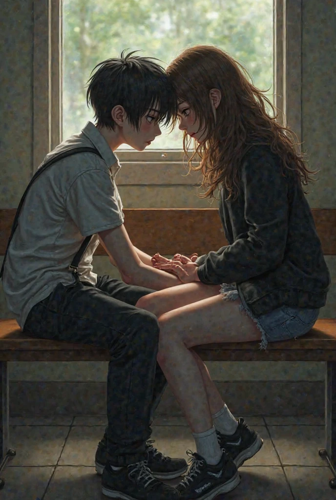 Anime girl with brown hair sitting in a dark room crying into her knees as a demon holds her tight in his embrace as the woman gasps for air.