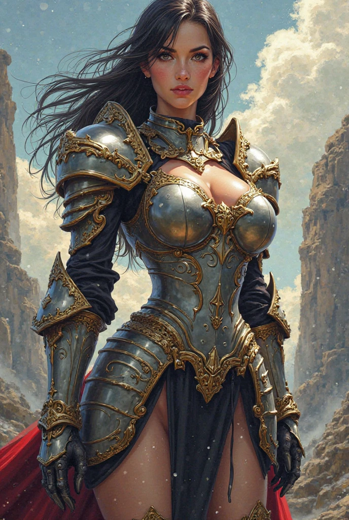 (masterpiece, top quality, best quality, official art, beautiful and aesthetic:1.2), (1girl:1.3), ((Sharp facial features, sharp features, hawkish features)), ((big hair, long black hair, ponytail)), big tiddy chaos warrior girl, extremely detailed, portrait, looking at viewer, solo, (full body:0.6), detailed background, full-body shot, (hot desert mountain theme:1.1), chaos warrior, (spiky helmet), charlatan, smirk, mysterious, swaying in mountains, armor, red metal, brass trim, long boots, dual axes, blood red fabric, pelvic curtain, loincloth, black leather, ((((armor, heavy armor, blood, armored, gigantic breasts, long legs, pelvic curtain, toned, muscular)))), cute belly button, toned tummy, slim waist, slim hips, long legs, medieval (mountain exterior:1.1) background, dark mysterious lighting, shadows, magical atmosphere, dutch angle