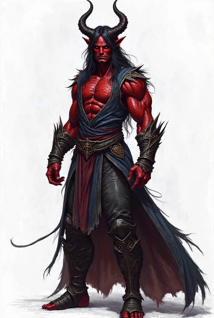 Men Tiefling Red for Dugeons and dragons,black long hair and goatte ,tunic color white