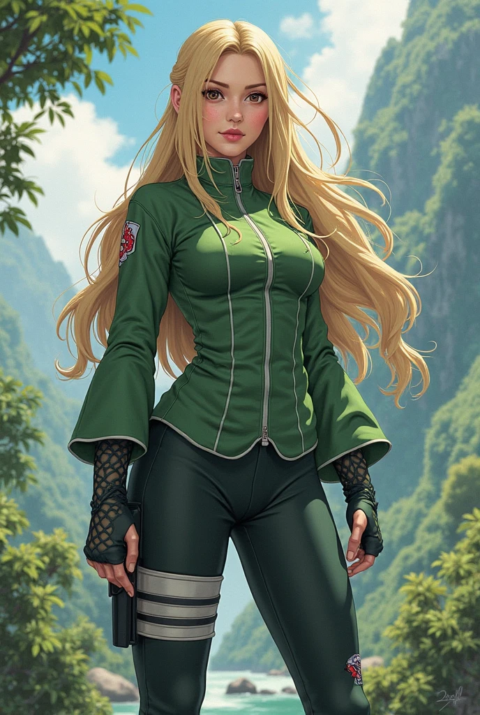 Create an image of Valentine, a 25-year-old woman with a fit physique, dressed in a sexy cosplay of Tsunade from Naruto. She is wearing Tsunade's iconic green jacket, revealing a low-cut top underneath, paired with tight black pants and heels. Valentine is posed confidently, capturing Tsunade's strong and seductive demeanor, with her long blonde hair styled similarly to the character. The background is subtle, allowing the focus to be on Valentine's striking appearance in the cosplay.