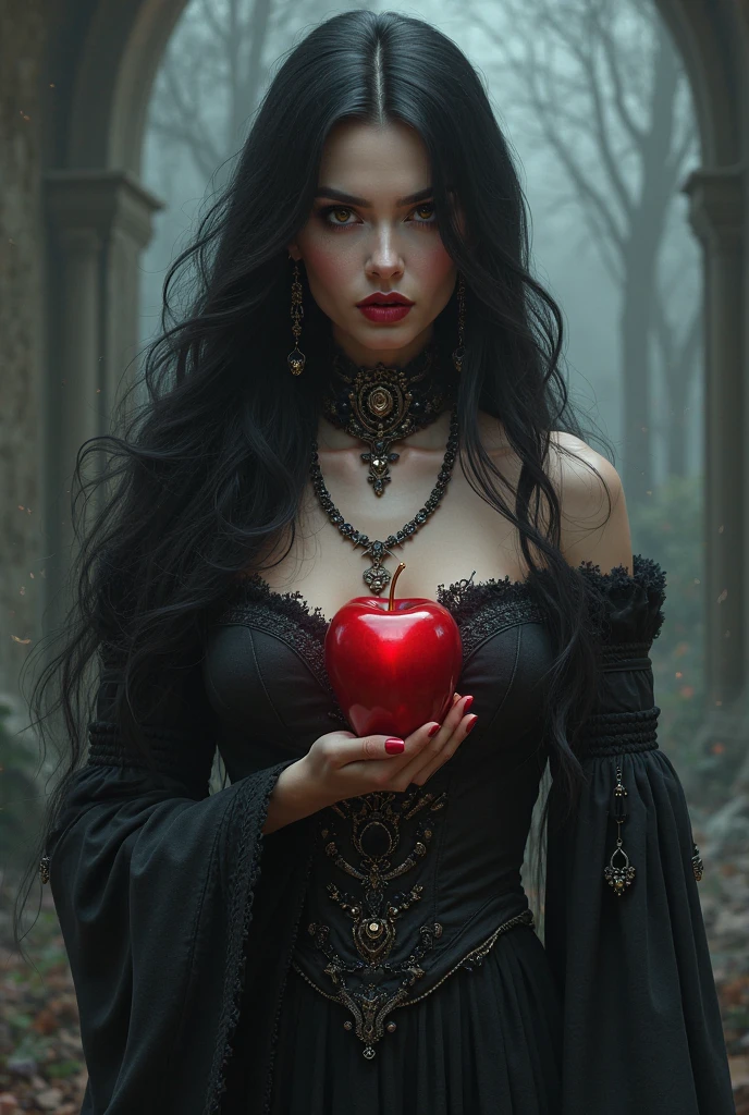 Girl,Black long hair,Black Queen,accessories,Apple in hand,Poison apples,Witch Queen,Red lipstick
