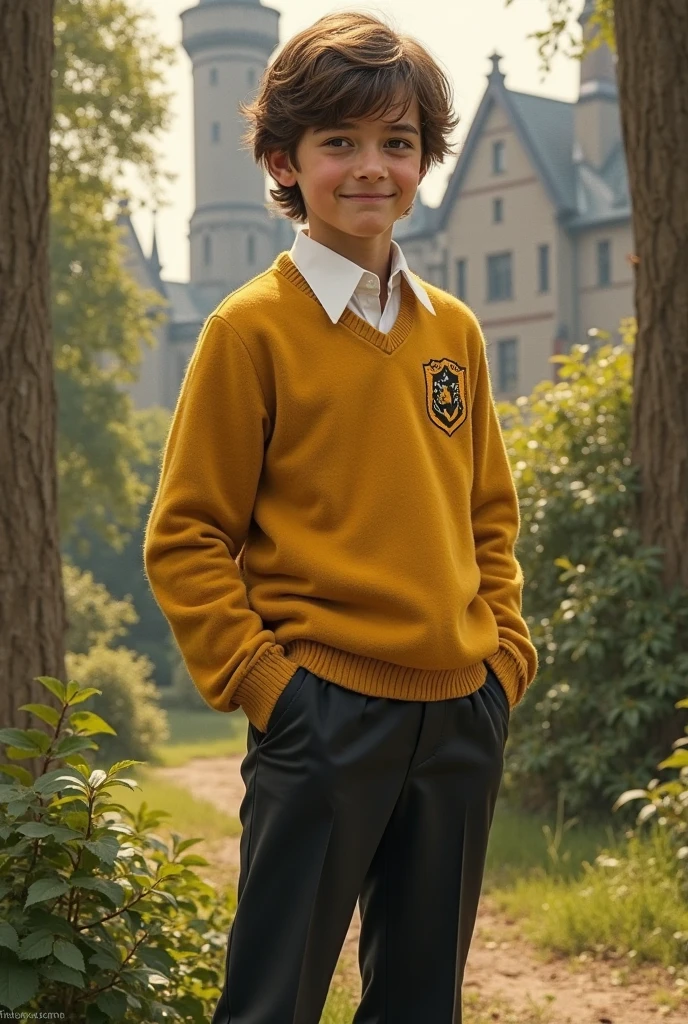 (RAW Photo: 1.2), ((Photorealistic: 1.4),(Masterpiece: 1.3),(Best Quality: 1.4),Ultra High Resolution,(Detailed Facial Features),(Detailed Features of Clothes),HDR,8K Resolution, Firm Skin, (Glossy Skin), (Extremely Detailed Illustration), 1 Boy, 11 Years Old, Clean, No Beard, Full Body,Glasses, Stand,Harry Potter,Gryffindor Uniform