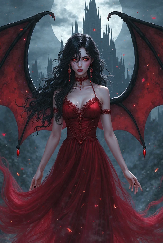 vampire girl, long canines, red outfit, angry smile, hair long black, Short strapless dress, showing most of her large breasts, generous neckline, Bare arms with horror tattoos, sultry posing, bats flying around, Gothic visual, gorgeous face, perfectbody, hug a man