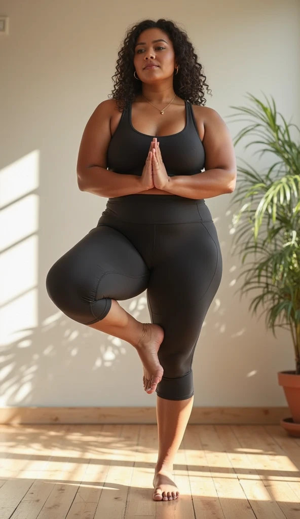 20-year-old Black woman Sexy Sport shorts Sport top Big breasts On all fours doing yoga