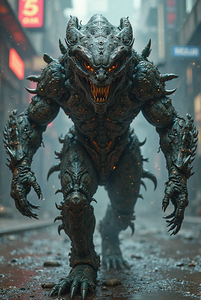 a monstrous skeletal-faced humanoid kaiju, muscular, in a night city, (electric, spikes),(frontal angle),(destroyed city),(clenched fists, dynamic pose, inspired by Hibino: Kaiju No. 8),best quality,8k,highres,masterpiece:1.2,ultra-detailed,realistic,photorealistic:1.37,HDR,UHD,studio lighting,ultra-fine painting,sharp focus,physically-based rendering,extreme detail description,professional,vivid colors,bokeh,sci-fi