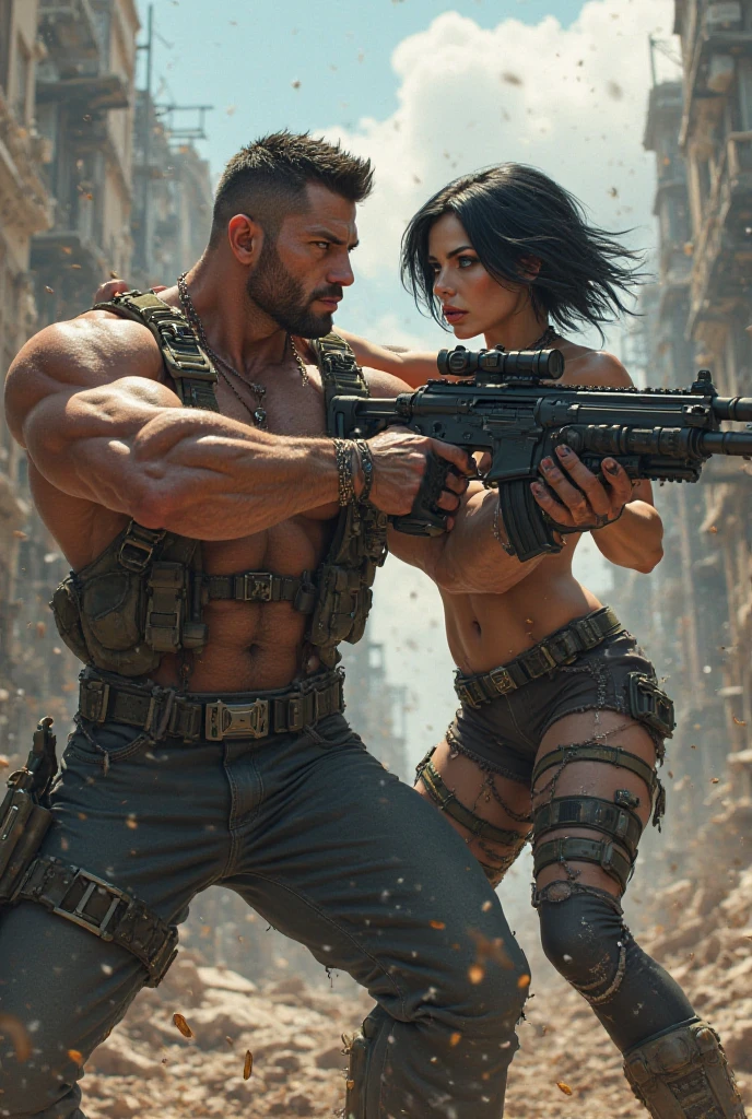 A soldier man who have six pack and toxic named tatoos shown on his chest standing in battlefield with a gun and a hot girl are also standing near him putting his one hand on man shoulder.