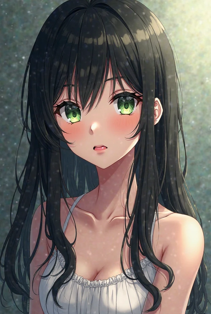 (best quality), beautiful woman, close up face, seducing face, biting lips, detailed eyes, beautiful eyes, eyelashes, black hair, bangs, long hair, bend forward to viewer, cleavage, summer dress, fixing hair, armpits, low angle shot