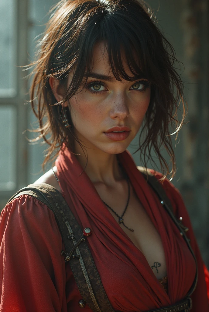 photorealistic, Masterpiece photo in shades of gray, woman with disheveled hair and bad torn clothes, cute sexy, (detailed medieval background), ultra sharp focus, Detailed face, (((posing))),  random hair color, short hair, beautiful eyes, Whole body, high quality black and white image