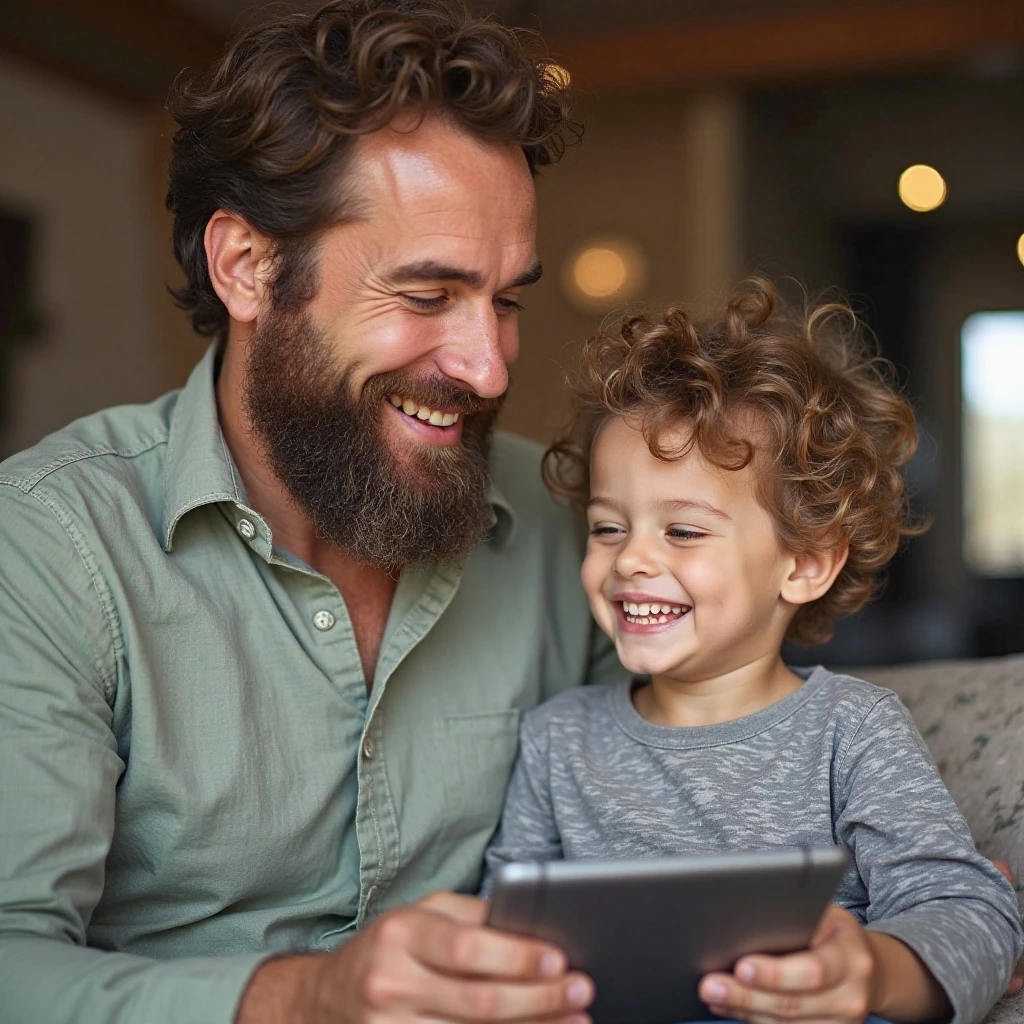 hyper realistic comercial image celebration for father's day, a young 30 year old father, sitting on the sofa in your living room, holding his 6 year old son on his lap, happy, bokeh light effects, lens flare effects, on a great city, 8k resolution, dramatic lighting, depht blur , greg rutkowsky style, raw photo