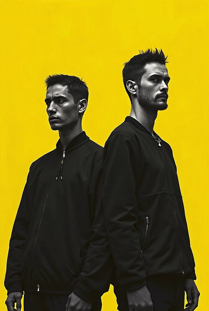 black and white on yellow background(Two men are depicted)Album cover with a rectangle lying horizontally