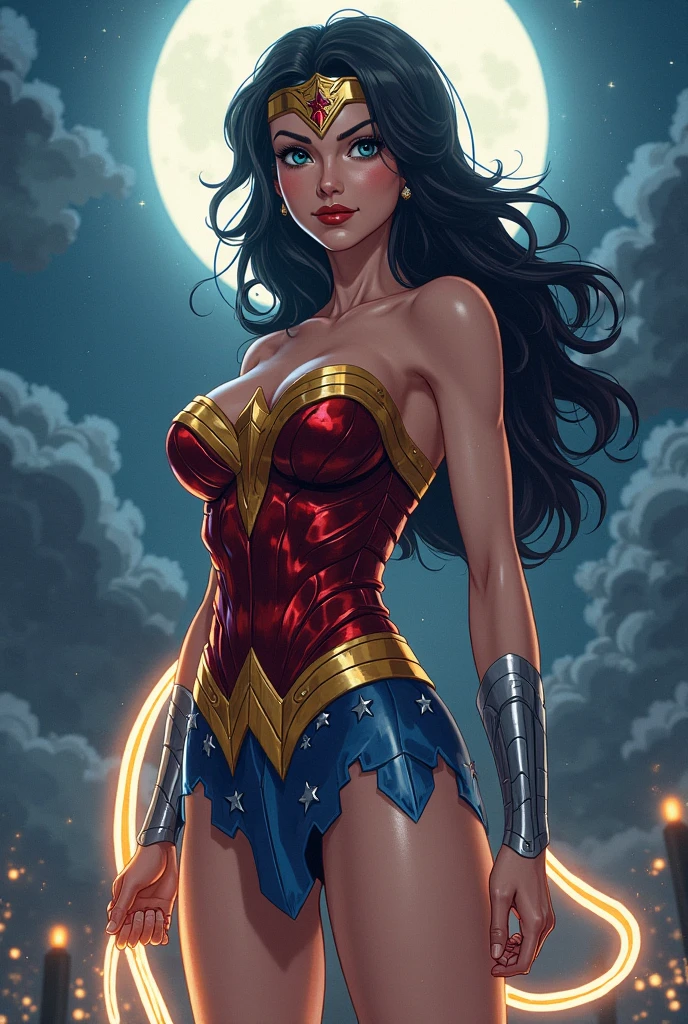 (masterpiece, best quality:1.2), <lora:medsonlima:.9>, medsonlima, 1girl, solo, black hair, superhero, star \(symbol\), leotard, boots, long hair, red leotard, sitting, blue eyes, bare shoulders, tiara, looking at viewer, breasts, seiza, knee boots, bracer, parted lips, from side, lips, circlet, thighs, ass, wonder woman,