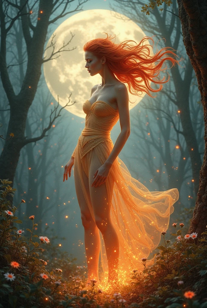 Young woman, nipples nude, (red very long large hair), Full moon sky, aple red ,Holy! 8k, highlights, perfect,white roses!white roses, realista , sexy nude! Campfire, floresta! Strong woman