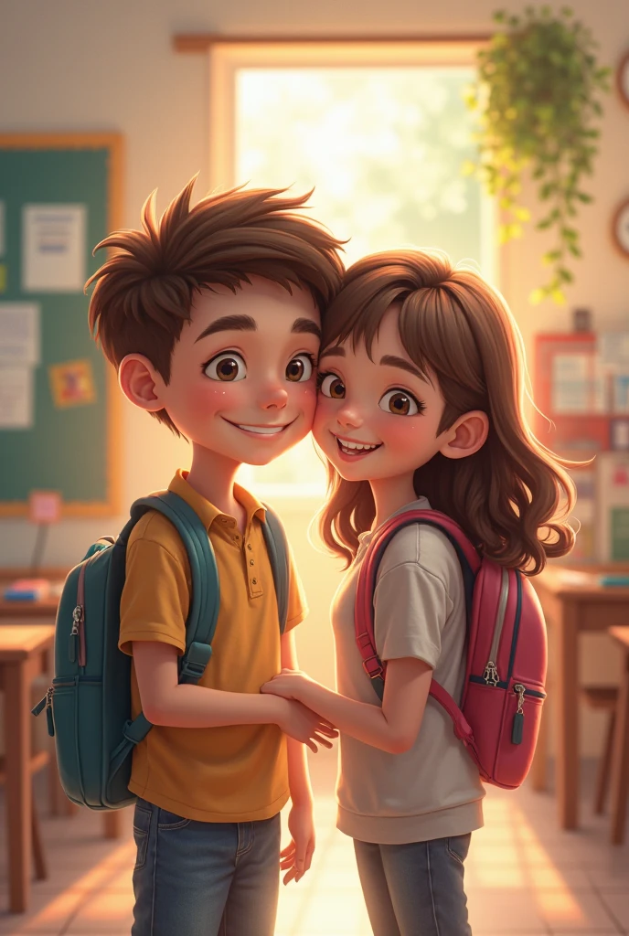 Make a boy at school laughing and turning to look at a girl who is also laughing
