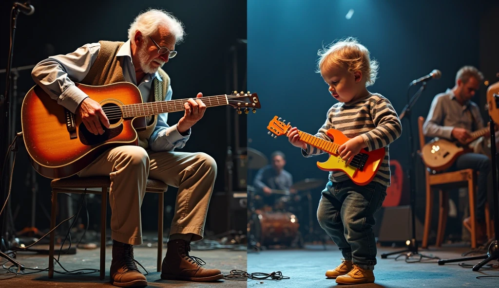 Father and son talk in front of the microphone