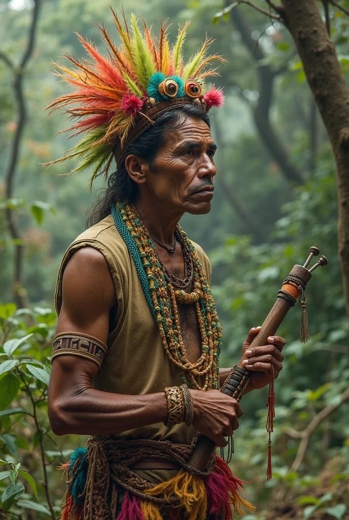 Older Caboclo with a feather headdress hunting