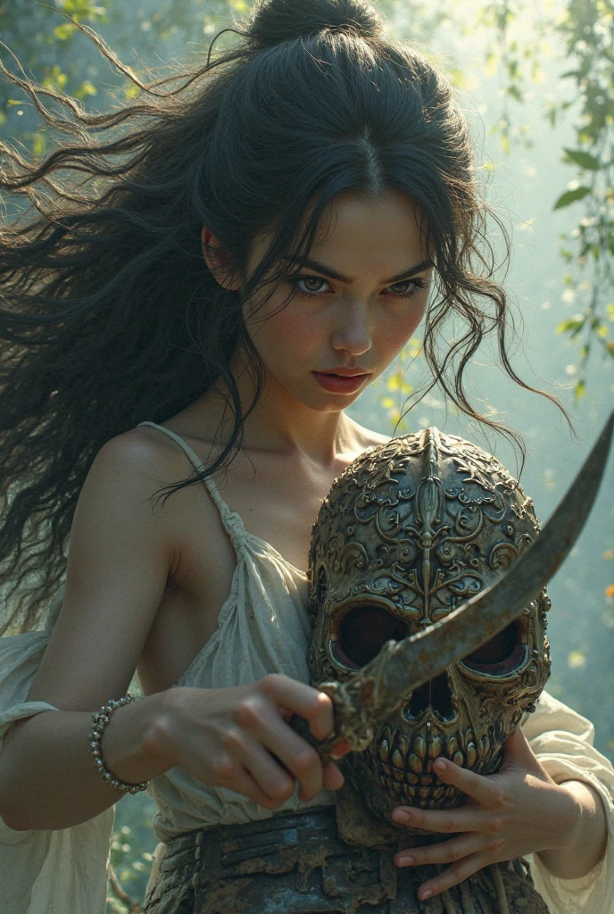 a teen Natalie Portman dressed emerges as a captivating figure amidst the dense forest. her physical appearance tells a story of tragic transformation and decay, evoking both fascination and a sense of unease. the teenage necromancer girl's once-youthful countenance is marred by the relentless grip of decay. skulls. totems. voodoo magic. hugging, looking at each other.