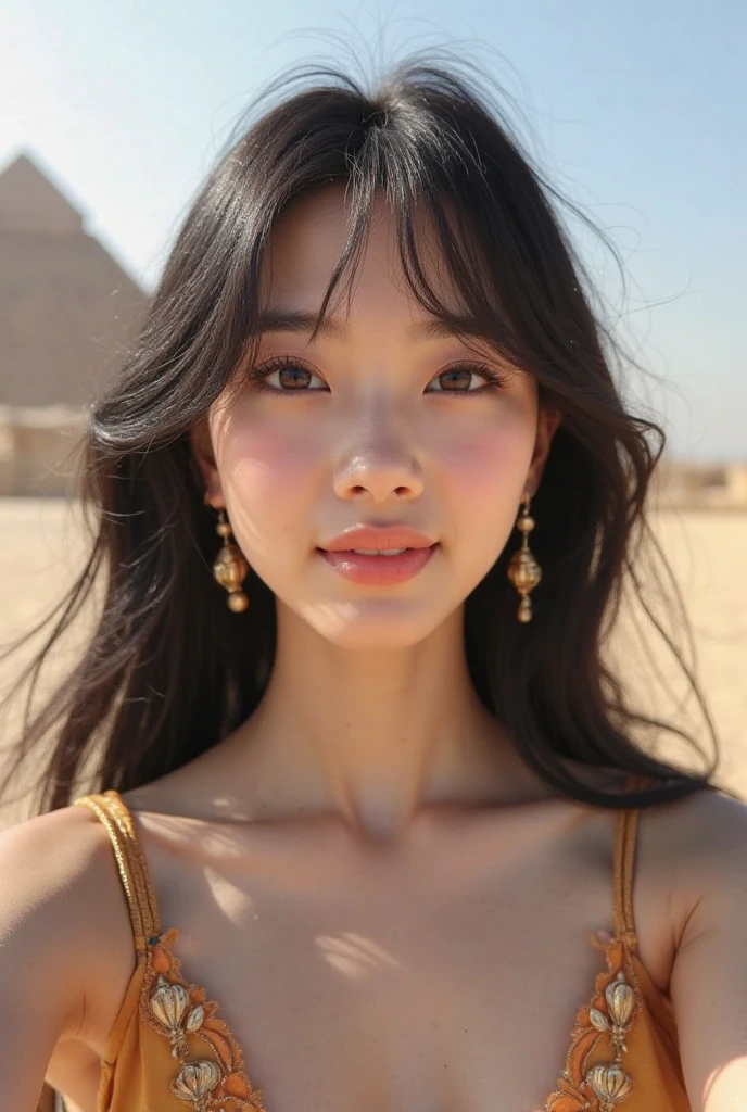 best quality, masterpiece, photo realistic, intric~toe details, RAW photos, Photon Rendering, octane rendering, absurd, very detailed, detailed face, detailed skin, trending on artst~toion, 8k masterpiece, cinem~toic lighting, ( (1 woman)),((alone)),((looking for_~to_viewer)),Trends in CG Society,visual artist,((black long hair)),((Beautiful woman)),(laugh),sexy 원피스, egyptian dress, good,((Egyptian pyramids)),((sexy)),바람to 날리는 머리카락, ((flowing hair)),happy,Fashion Magazines,