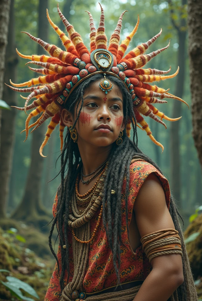 A young 14 years old boy. Blonde dreadlocks. Cute. Shy. Green eyes. Tanned skin. Soft lips. Feathers in the hair. Tribal outfit. Alone In a dark creepy forest.