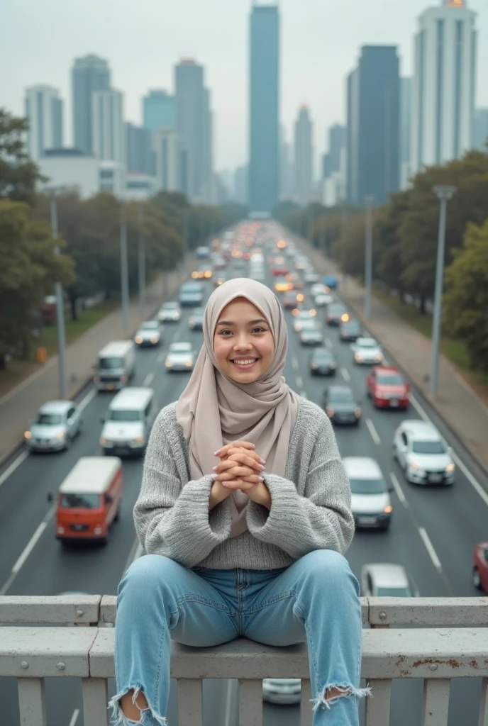 1girl, Solo, High Resolution, Masterpiece, Textured Skin, white skinned, young women, 20 years old, hijab, a beautiful young Indonesian woman, wearing a blue shirt and hijab sits on a concrete barrier along a coastal road. The road stretches out behind her, cars driving along it, with lush green foliage beyond. The ocean is visible in the distance, a soft sunset casting a warm glow over the scene. The sky is filled with soft, fluffy clouds.