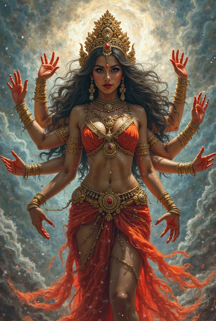 Draw a goddess kalika stand on lord shiva who has matted hair, moon on hair, wearing tiger skin snake