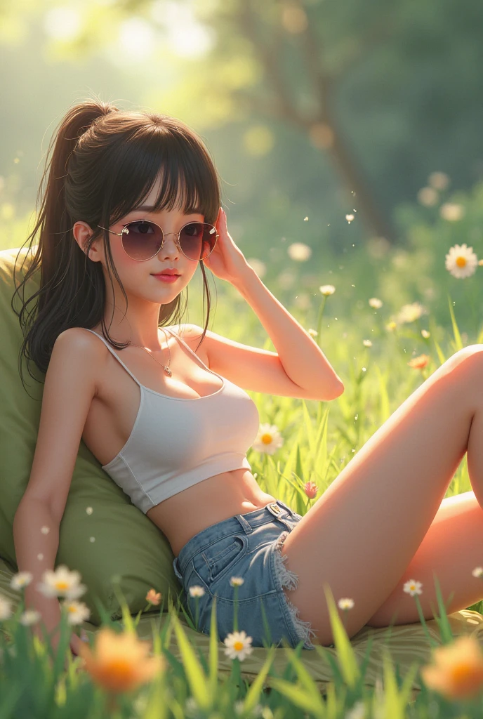 A beautiful girl is sitting on the grass with her jeans button open and her pussy is slightly visible