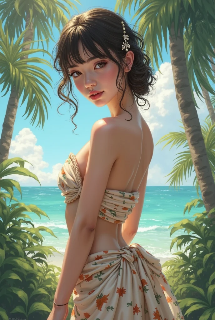 ((highest quality)),(ultra high resolution),(Super detailed),(detailed description),((best CG)),(best work of art),super precision art,great drawing art,(Art with precise details:1.5), (1 woman:1.5),beautiful and well-shaped face:1.5,(Beautiful dark skin rendered in precise detail:1.3),Sunburn mark:1.5,(Very precisely depicted bikini swimsuit:1.5),provocative angle:1.6, Delicate and detailed flowers:1.5, Tropical beaches:1.6,Wind blowing through:1.4,dazzling sun:1.6