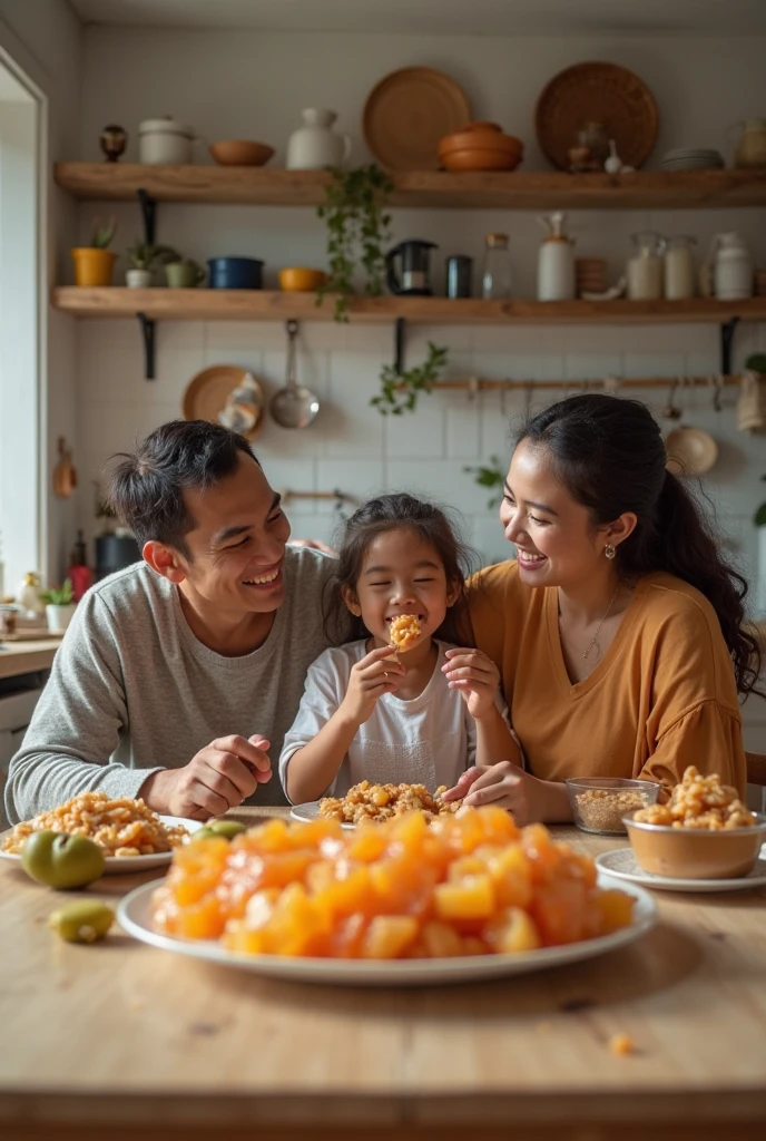 an indonesian baby celebrating her 6 month old age, sitting in a baby chair receiving her first solid meal. Look happy and delightful. her parents look surprised standing at each her side. Photo realistic UHD image