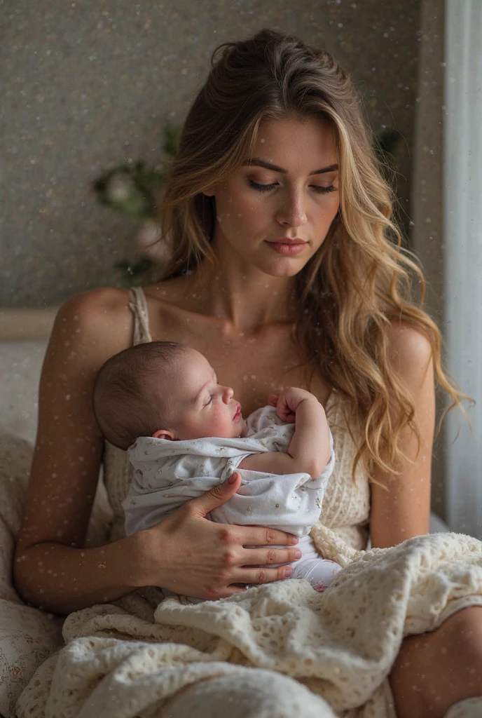 pale fair complexion, mulher em torno de 20 anos, cabelos castanhos naturais, vestindo kohl, Beautiful, seios grandes, olhar inocente, holding a child in your arms, the baby is asleep, Baby has silver blonde hair, The baby is wrapped in blue colored velvet blankets, Cenario quarto luxuoso bem iluminado, Ultra sharp focus, Filmagem realista, roupas femininas comportada , corpo inteiro, 8k, 4k, ultra realidade, Woman looks at camera.