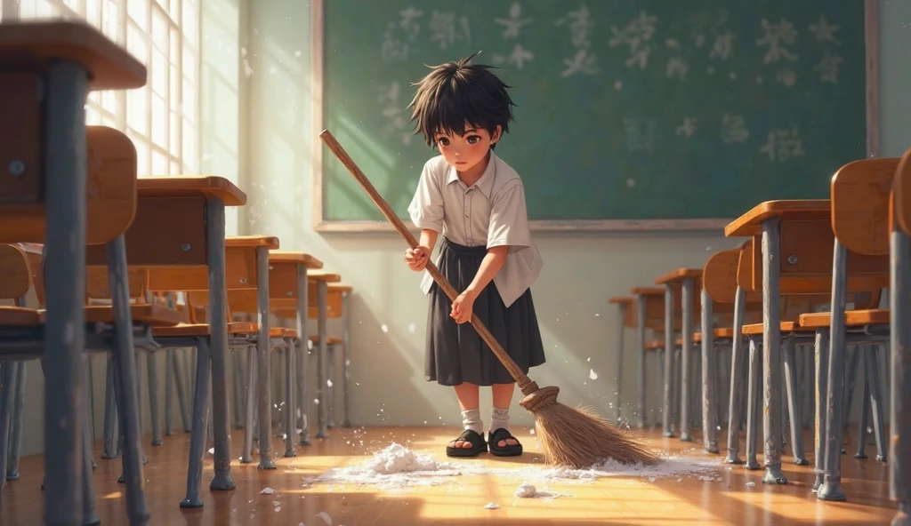 Girl watching a water leak at school 