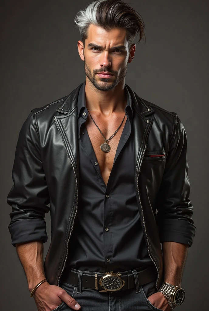 A sexy handsome man wearing open white shirt and black leather jacket opend 