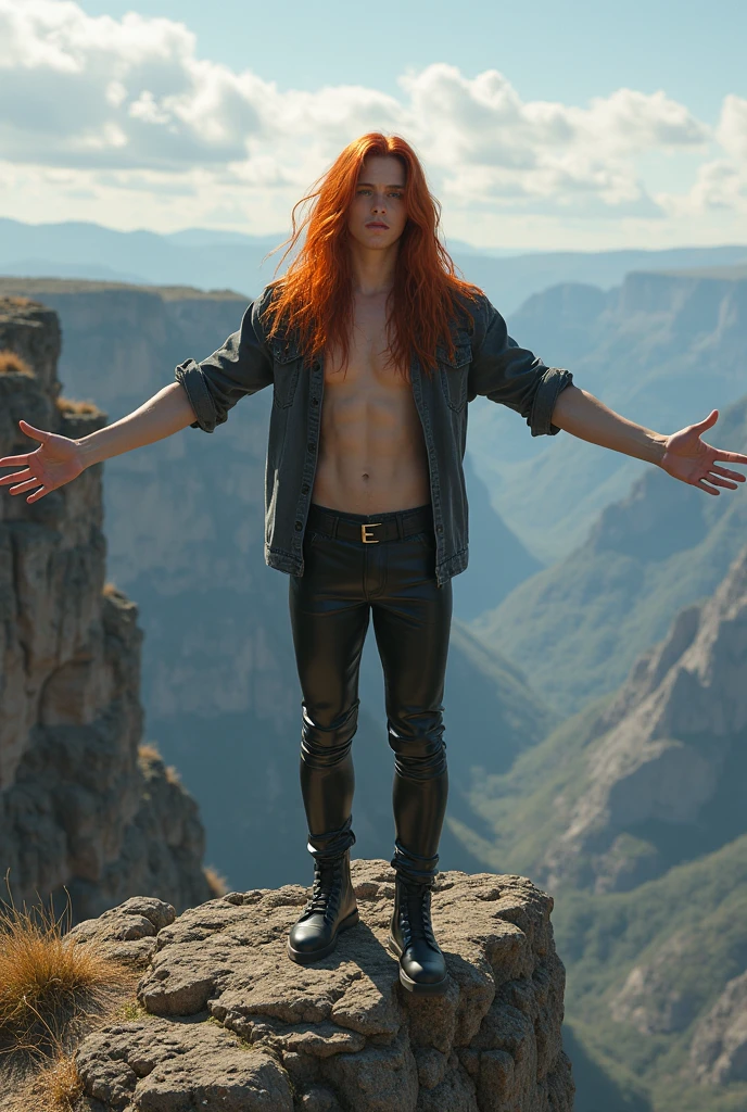 A tall, strong man with long, red hair,in front of a building. With a bright, lively day and the lights shining brightly, As if his hair was on fire with eyes blazing and hair whipping in the wind and muscles defined and so strong with veins popping out