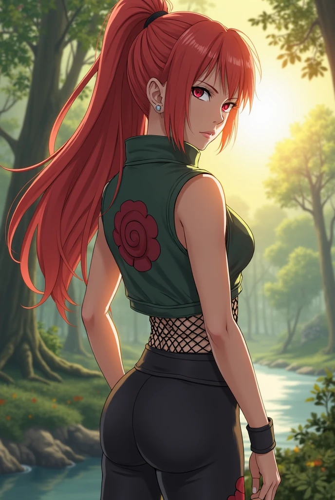 one irish woman, big green eyes, thick eyebrow, fleshy lips, large cilia. curved. Youngh. long red hair medieval braids. bikini brand. pale white skin with freckles. red thong, pose sexy, from behind, looking at the viewer , topless,