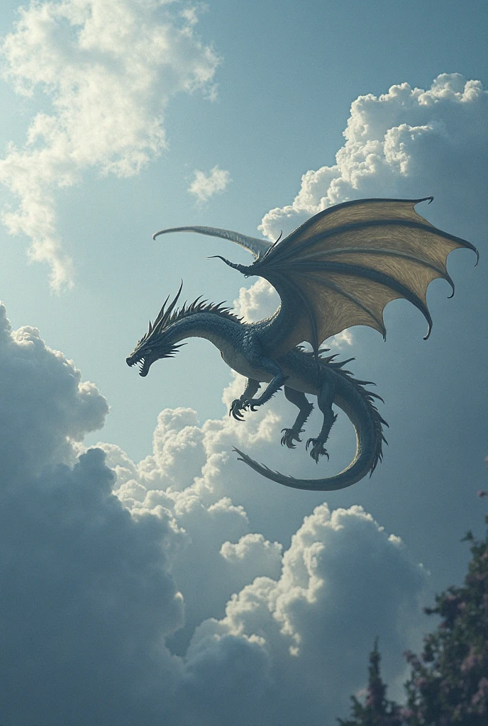 A white dragon flying in the sky with an orange sunset