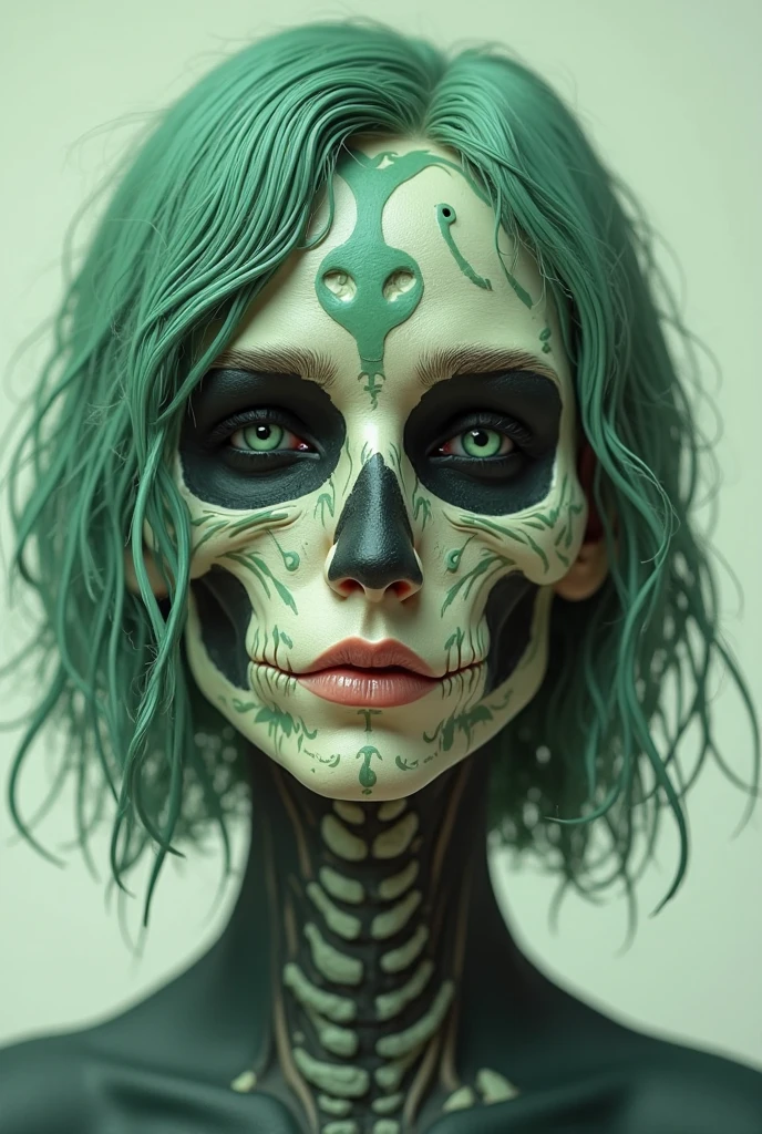 Woman face wearing ON half Side of her face a skull mask,Long Hair in the Wind,fine neon Green Strands of Hair,cartoon,black Background ,t Shirt print esigm