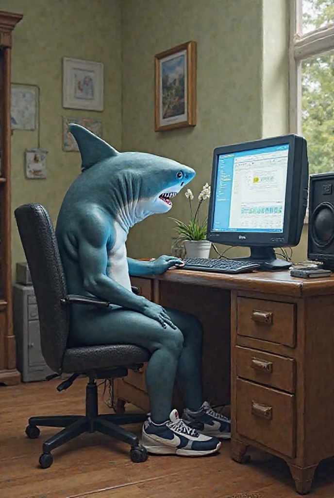 Original photo of the shark man using a computer in an office