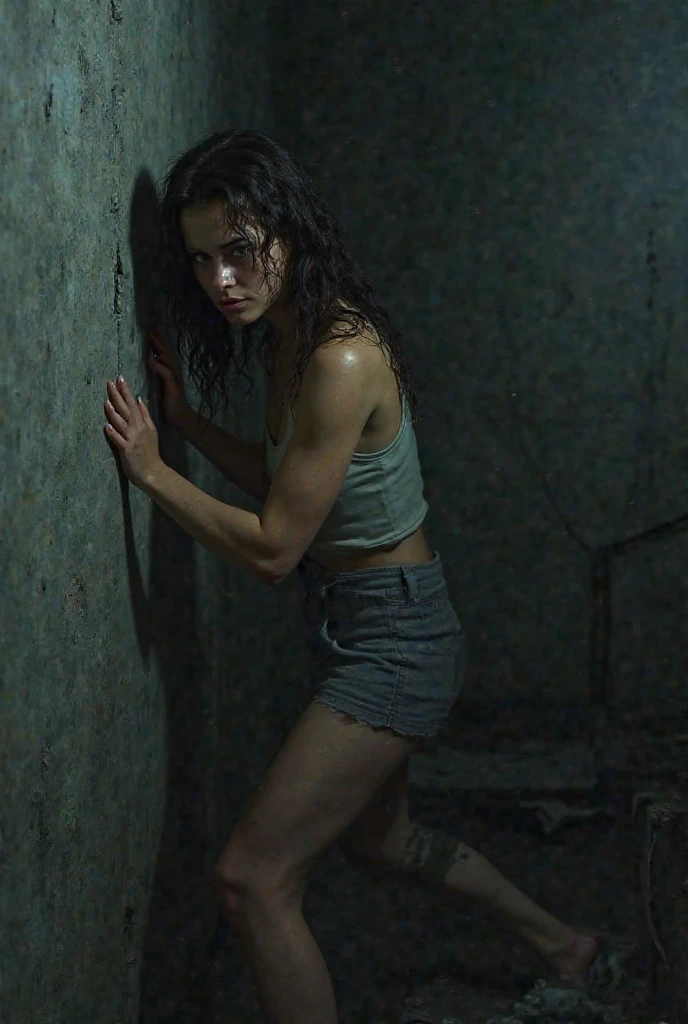 scared and crying pretty woman 35 years old, dirty strong body, kneeling and tied with a rope in the interior of a dirty and dingy dark basement, wet floor, ruffled dirty wet hair, wearing a torn and dirty short dress, rags, bare legs, barefoot, leaning against the wall, mysterious chiaroscuro, perspective of the basement interior in the background, realistic photo, masterpiece,photorealistic