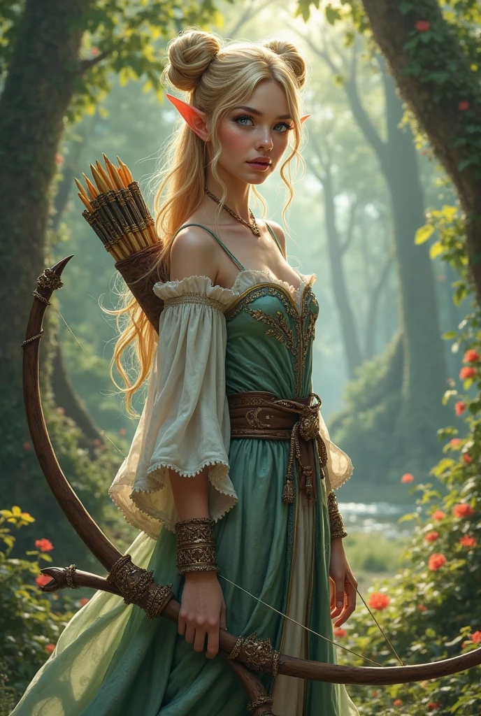 An elf, long brown hair, blue eyes, wearing green and brown midi dress, handling a wand