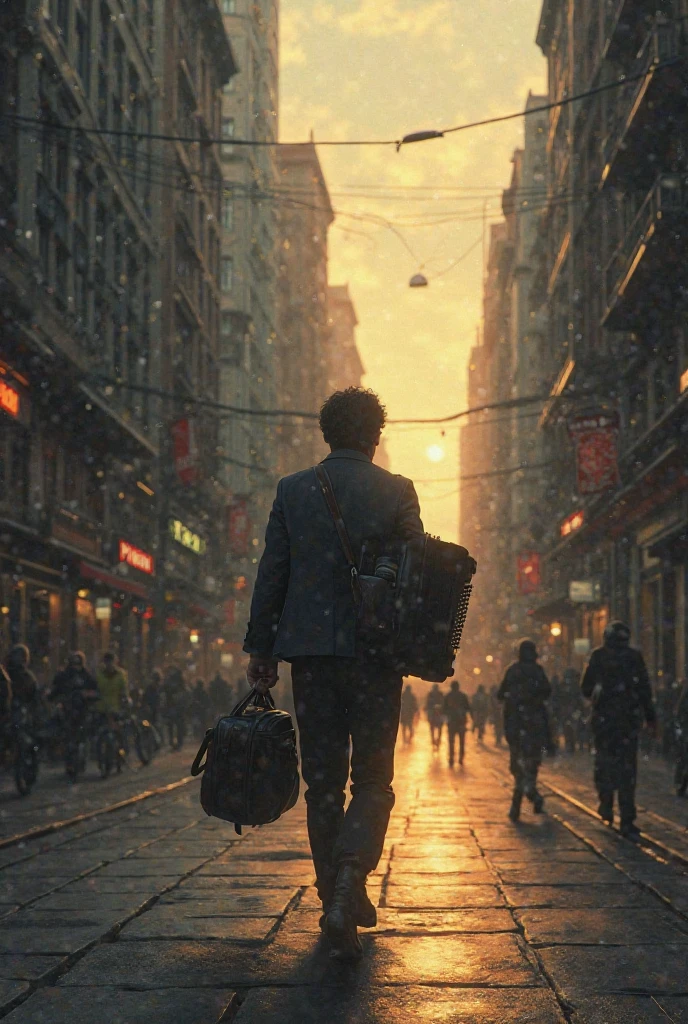 there is a man walking down a sidewalk with a suitcase, anomalisa, inspired by roger deakins, man walking through city, cinematic photograph concept art, great composition cinematic, cinematic movie image, beautiful cinematic poster, cinematic trailer, by Ludwik Konarzewski Jr, 3 d render and matte painting, 8 k hdr movie still, 8k hdr movie still