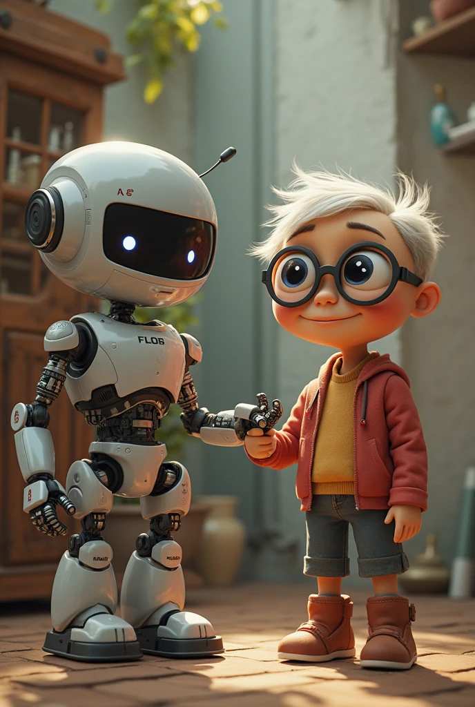 Robot helping fullb black blind  glass weared  child  to walk 