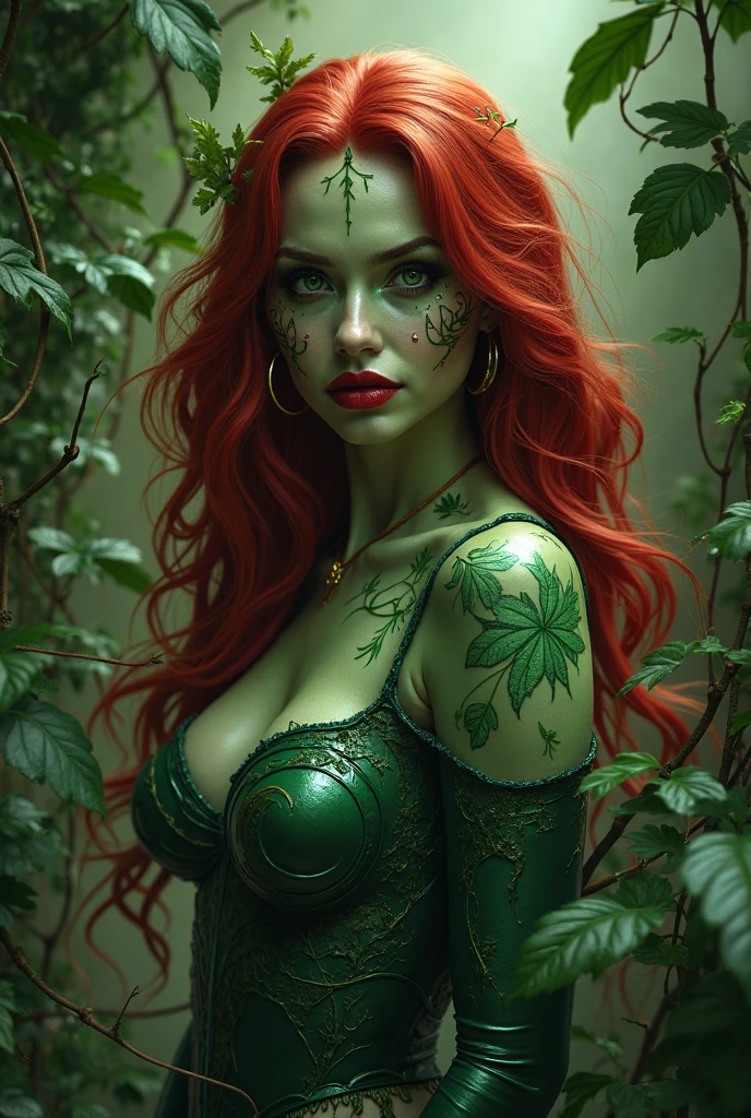 (Many award-winning works,Hermosa office,  With incredible details), ((The face is extremely beautiful)), ((GOOD, true green eyes round and symmetrical)), (the eyes are cold), (He has a melancholy face), (Eyes glow blue in the dark.:1.5), (A majestic view), (His face is gentle and beautiful., But a little scared), ,8K more detailed.unreal engine:1.4,HD,La Best Quality:1.4, photorealistic:1.4, skin texture:1.4, masterpiece:1.8,first work, Best Quality,object object], (detailed facial features:1.3) detailed hands,(LONG RED hair:1.4),(big leaf forest),(Blue background:1.4),(realistic detailed green leaves:1.4),(Office:1.4),(carnivorous plants climbing the body:1.4),wild plants