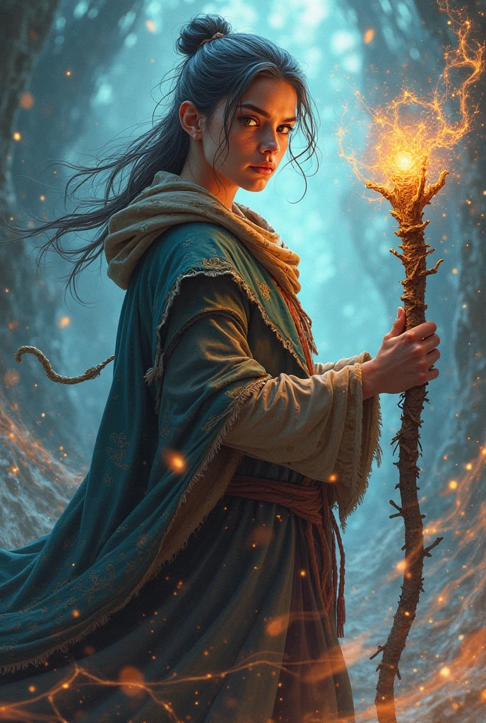 a colorful  painting of a young female evil rogue wizard casting magic spells energy energies arcane magic missile    paintstyle12