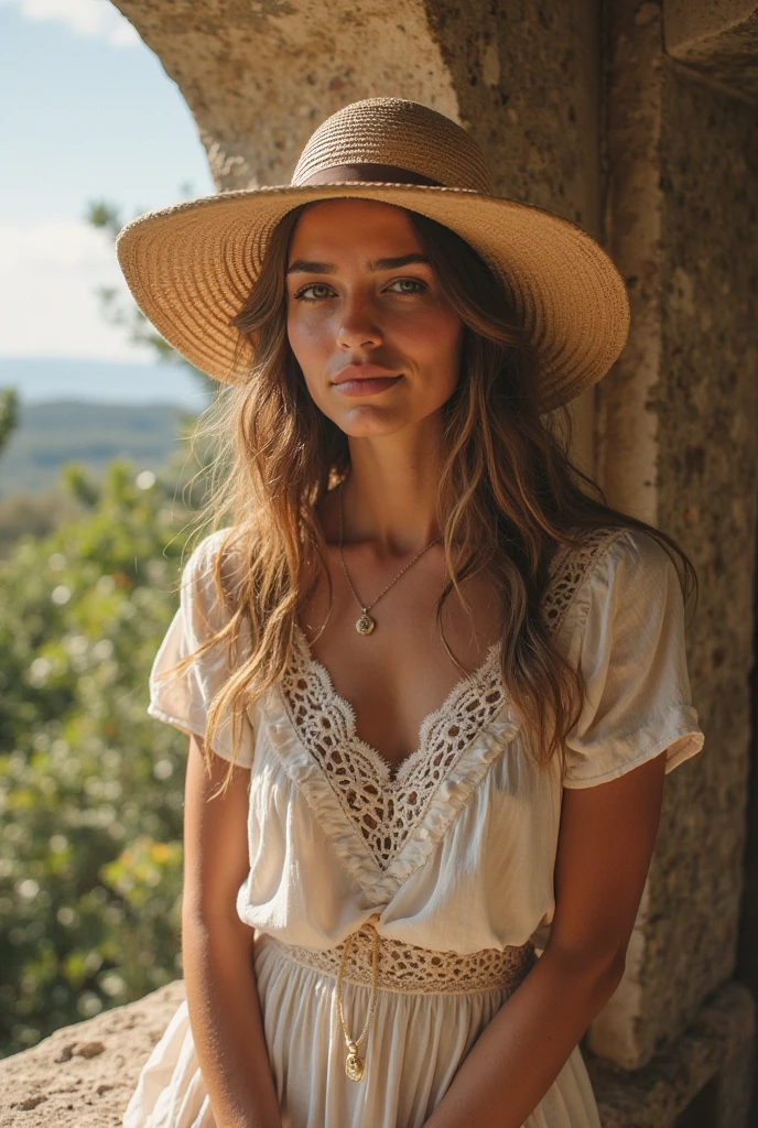 a girl, branca, medium brown wavy hair, olhos castanhos, In the garden, natureza, brincando com bezerros, straw hat, dia ensolarado, Denim Jeans Pants, camiseta western, bota